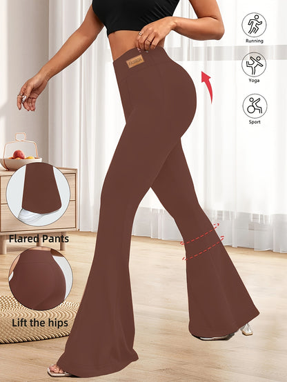 High-Waisted Flared Leggings for Women - Stretchy Black Polyester Pants with Tummy Control, Slimming Fit, and Breathable Design for Spring/Summer/Fall Casual Wear, Spring Summer Leggings | Fitted Leggings | Elastic Waistband