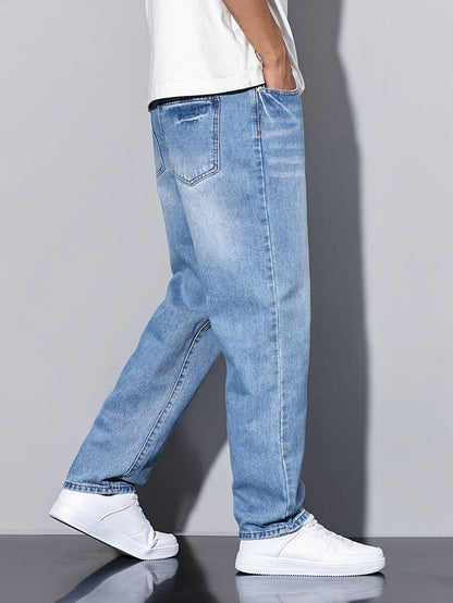 Men'S Casual Loose Fit Denim Jeans, 88.5% Cotton 8.5% Polyester 3% Rayon, All-Season Solid Color Washed Fabric, Regular Length, Non-Stretch Woven Denim Pants