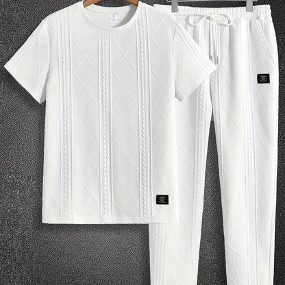 Men'S Textured Round Neck Short Sleeve Pullover & Woven Pants Pajama Set - Brown, Casual Home Wear with Drawstring Waist, Summer Comfort, Everyday Pajamas | Casual Style | Comfortable Fit, Pajamas