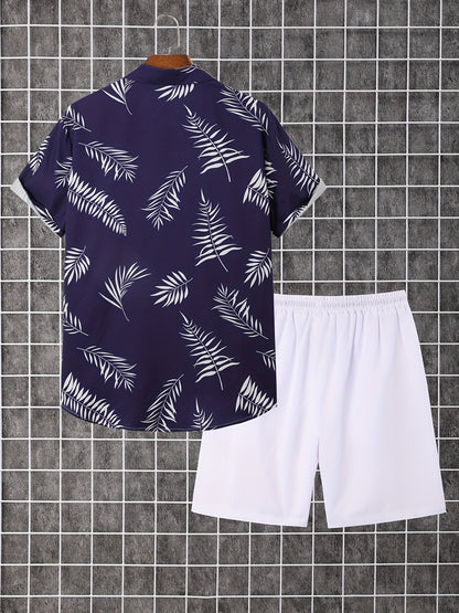2-piece Men's Holiday Style Summer Outfit Set, Leafs Pattern Print Short Sleeve Button Up Lapel Shirt Top & Solid Drawstring Shorts With Pockets