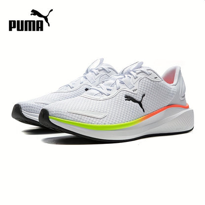 PUMA Unisex Sneakers - Low-Top Gym Sneakers in White/Black/Neon Green Accent - Breathable Fabric Upper & Cushioned Rubber Sole - Lightweight Running Shoes for Men & Women - Ideal for Training, Everyday & Formal Wear, Sporty D