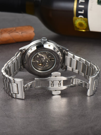Men's Business Leisure Automatic Mechanical Watch, Stainless Steel with Blue Accents, Transparent Back, Date Display, Water-Resistant up to 10m, Ideal Gift, Business Watch | Mechanical Aesthetic | Stainless Steel Band