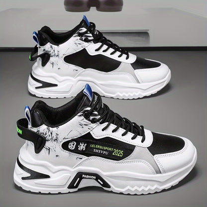 Men's Sneakers - Thick Platform Cushioned Sole, Lace-Up Closure, PU Upper & Non-Slip PVC Outsole - All-Season Gym, Casual, Everyday Sneakers - Black/White Colorway - Affordable Men's Footwear, Casual Walking, Trendy Kicks, Co
