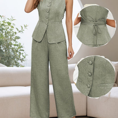 Women'S Elegant Beige Two-Piece Suit with V-Neck, Sleeveless Blazer & Wide-Leg Pants - Breathable Polyester, Button-Up Design, Perfect for Office or Casual Wear, Spring/Summer Collection, Casual Attire|Sophisticated Style|Pol
