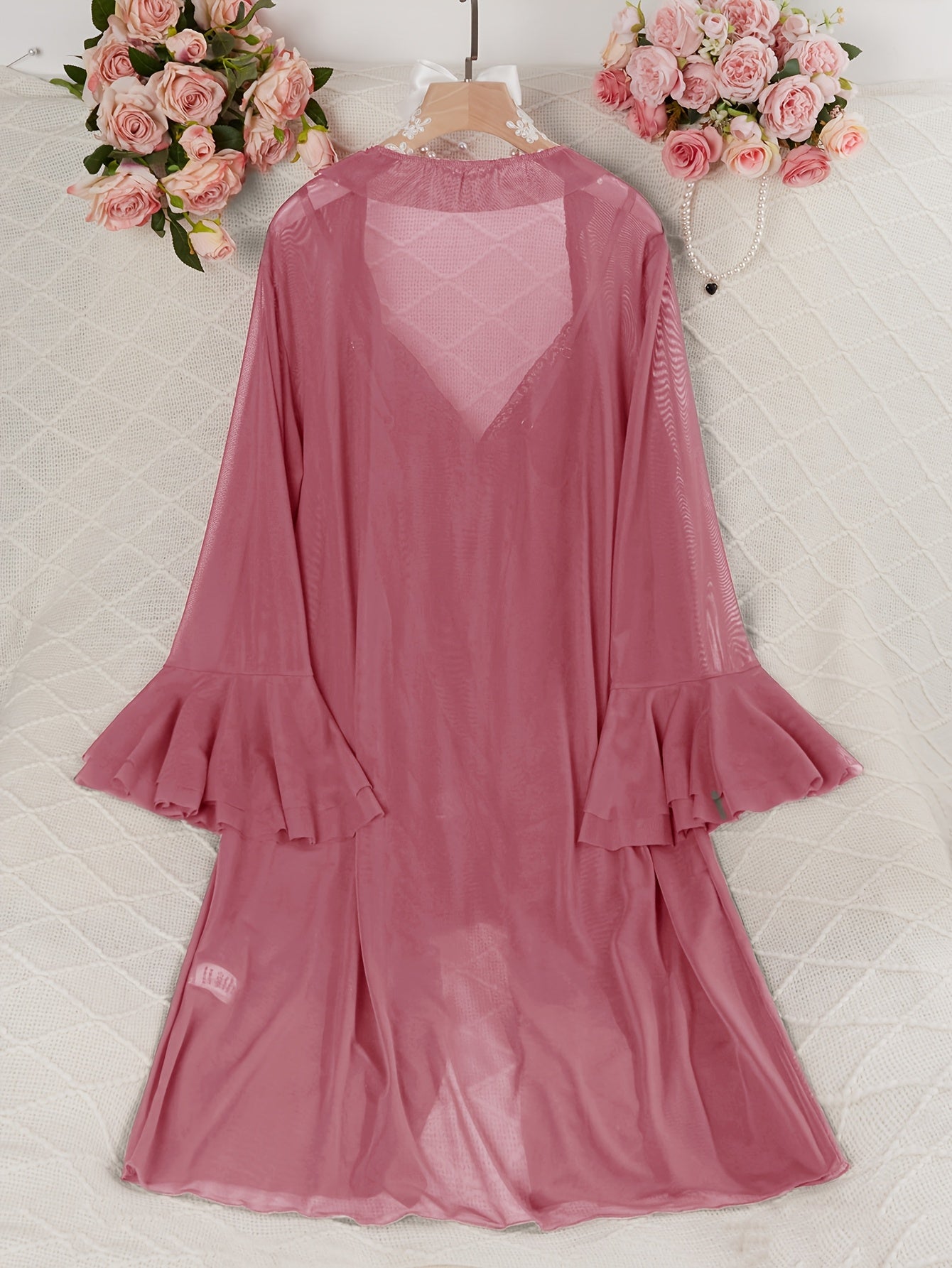 Sexy Mesh Semi-Sheer Strap+Cute Ruffle Long Sleeve Lightweight Mesh Outerwear Pajama Set