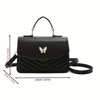 Elegant Women's Crossbody Bag with Butterfly Embellishment - Quilted Black Synthetic Leather Handbag, Magnetic Closure & Adjustable Strap, Compact Everyday Shoulder Bag for Women, Crossbody Purse, Sophisticated Accessory