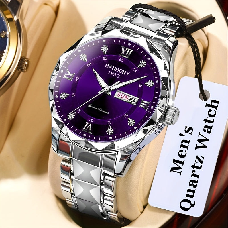 1pc Stainless Steel Strap Men'S Roman Numerals Dial Rhinestones Multifunctional Watch, Ideal for Birthday, Holiday Gifts Valentine'S Day