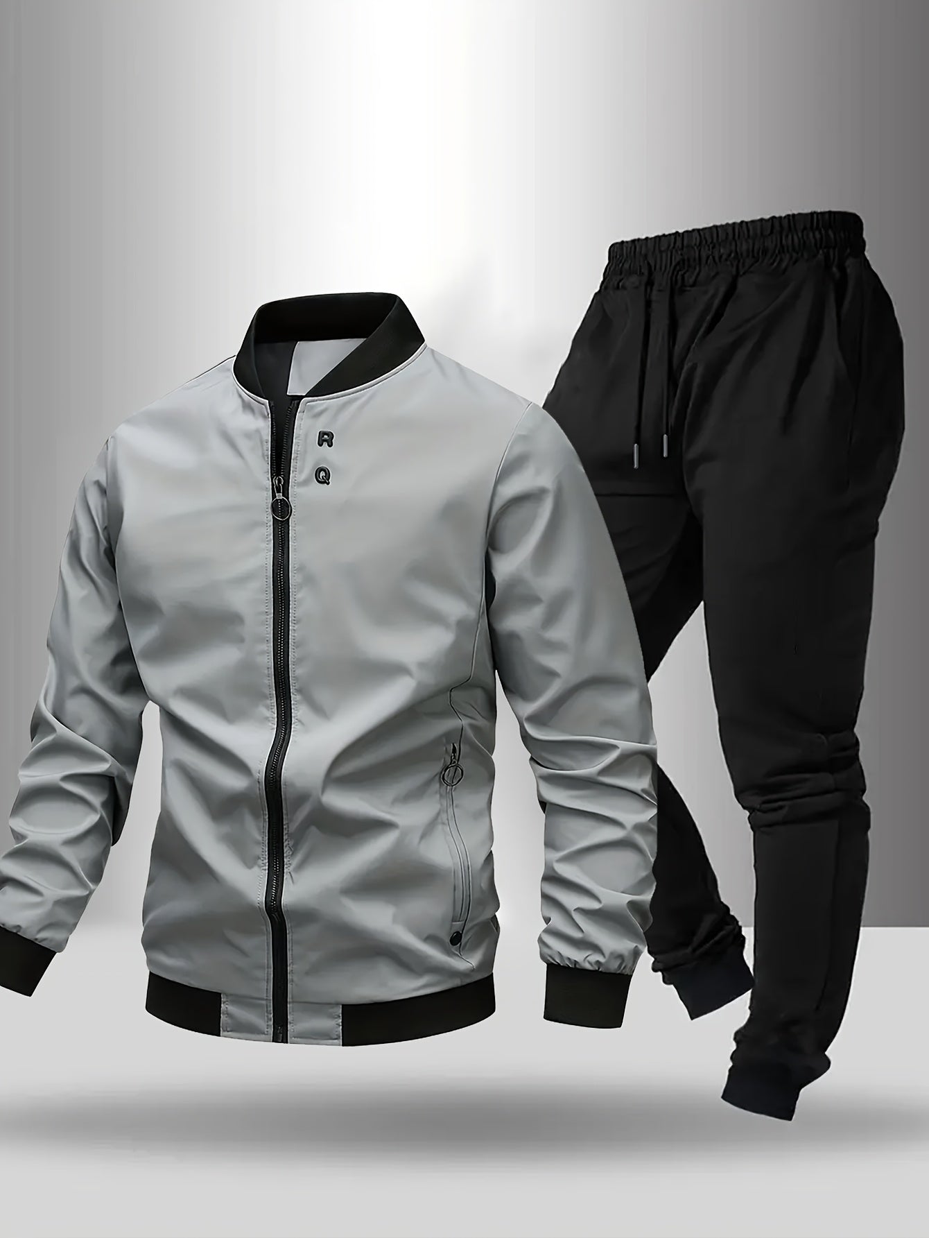 Men'S Casual Two-Piece Athletic Set - Black Baseball Collar Jacket with Zipper, Elastic Waistband Pants, Regular Fit for Spring/Fall, Spring Outerwear | Sporty Casualwear | Zippered Jacket