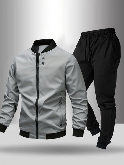 Men'S Casual Two-Piece Athletic Set - Black Baseball Collar Jacket with Zipper, Elastic Waistband Pants, Regular Fit for Spring/Fall, Spring Outerwear | Sporty Casualwear | Zippered Jacket
