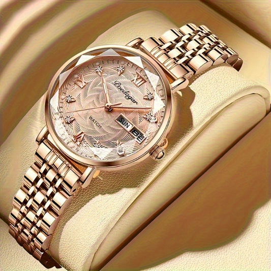 1pc POEDAGAR Elegant Women'S Quartz Watch - Luxurious Rose Golden-Tone with Luminous Hands, Calendar Display, Alloy Case & Band, Quartz Movement, Fashion Accessory|Elegant Timepiece|Rose Golden Finish, Watch Accessories