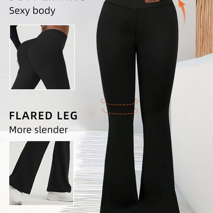 High-Waisted Flared Leggings for Women - Stretchy Black Polyester Pants with Tummy Control, Slimming Fit, and Breathable Design for Spring/Summer/Fall Casual Wear, Spring Summer Leggings | Fitted Leggings | Elastic Waistband