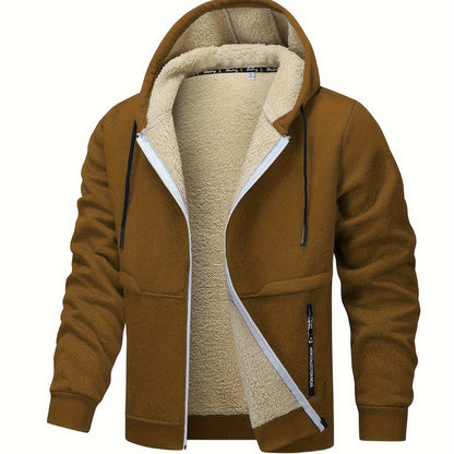 1pc Men'S Casual Style Hooded Jacket, Thick Fleece Lined, Warm Autumn/Winter Fashion, Solid Color, Polyester Knit with Pockets, Regular Fit