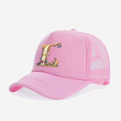 1-Pack Youngsters Trucker Hat with Golden Floral Letter A Design - Breathable Sun Protection, 100% Polyester, Adjustable Snap Closure, Pink for Spring/Summer Outdoor Play, Back to School, Thanksgiving, Teacher's Day (Ages 3-1
