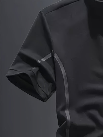 Men's Fashion Stripe Casual Suit, 2pcs Stylish Stand Collar Zippered Breathable Outfit with Short Sleeve T-Shirt and Drawstring Pants for Summer Wear