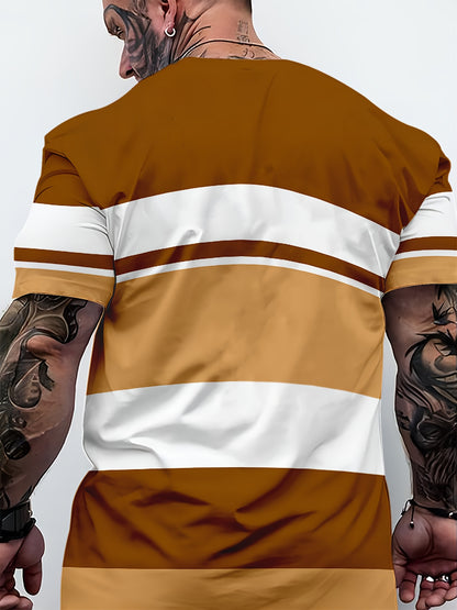 Men's 3D Digital Print Short Sleeve T-Shirt - Bold Striped Color Block Design, Breathable Round Neck, Lightweight All-Season Casual Tee, Machine Washable, Everyday Outfit, Modern Fashion, Durable Tee, Printed Shirt, Streetwea