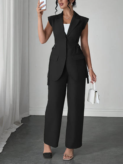 Stylish Women'S Elegant Modern Two-Piece Set with Side-Waist Design, Solid Color Sleeveless Jacket and Pants for Spring/Summer