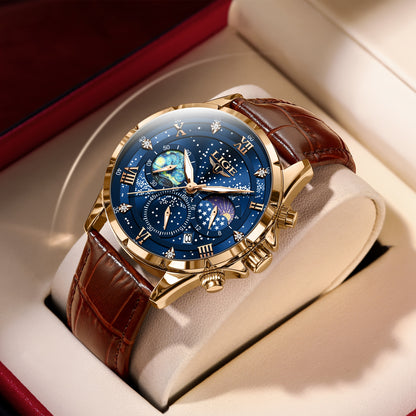 LIGE Luxury Quartz Chronograph Watch with Luminous Hands - Elegant Round Alloy Case, Blue Dial with Roman Numerals, Starry Night Design, Button Battery, Faux Leather Strap, Stylish Accessory|Starry Night Design|Luminous Hands