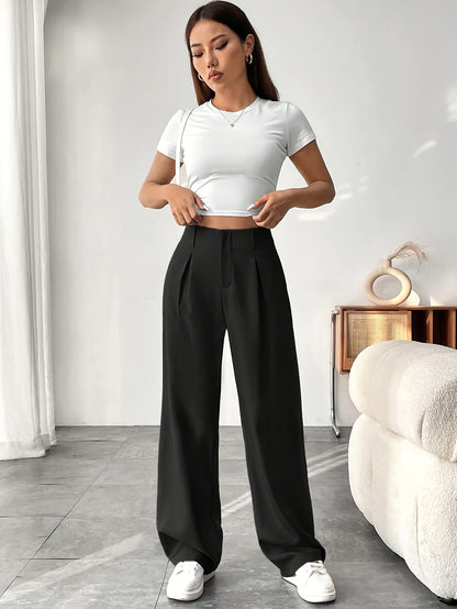 Women's Casual Wide-Leg Pants with High Waist and Slight Flare - Solid Color, Polyester, Machine Washable