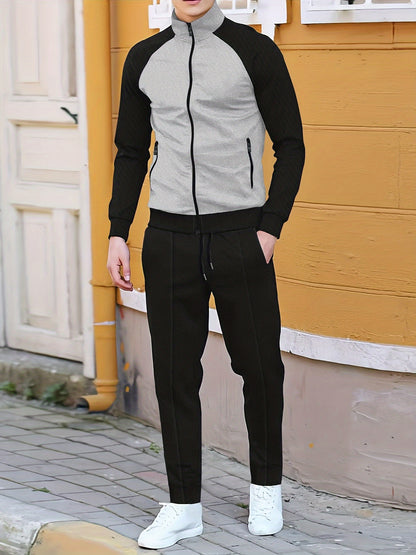 Men's Sporty Color Block Zip-Up Jacket & Joggers Set - Polyester Blend, Perfect for Spring/Fall