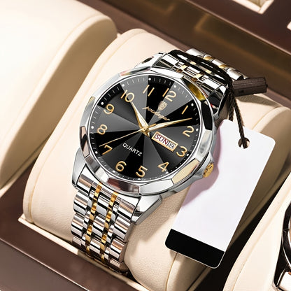1pc BINBOND Men'S Fashion Watch, Luxury Dual Calendar Quartz Wristwatch, Business Style, Round Alloy Case, Stainless Steel Strap, Water-Resistant, Luminous Pointer Display, Battery Powered, Perfect for Valentine's, Christmas,