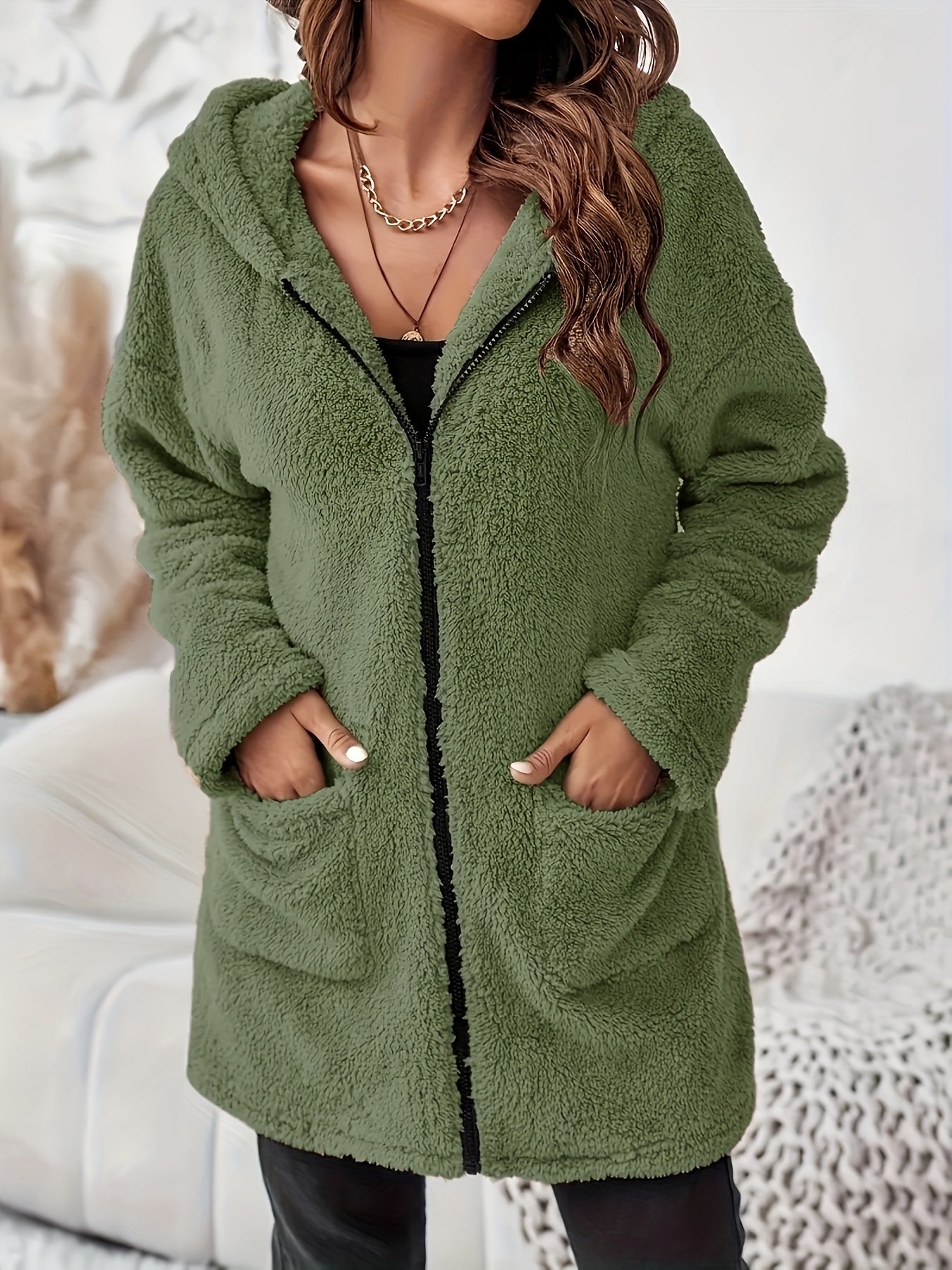Women's Winter Elegant Solid Color Zipper Patch Pocket Long Sleeve Plush Hooded Coat