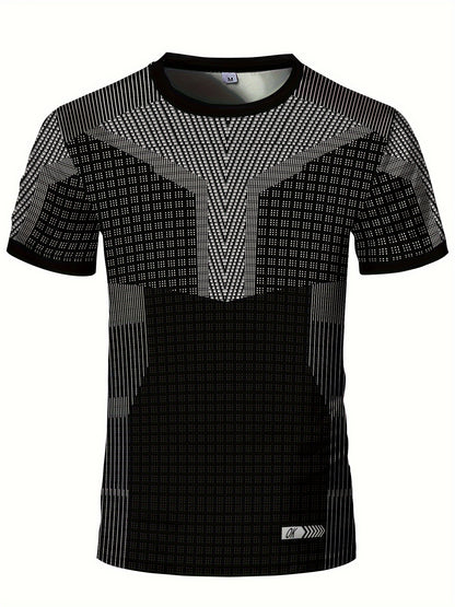 A Black And White Patterned Print Design, Men'S Sporty Fashion, Geometric Print High-Elastic Tight-Fitting Short-Sleeve Round-Neck T-Shirt, Quick-Drying Sports Top for Summer Fitness, Training, And Workout, with a Cool Feel,