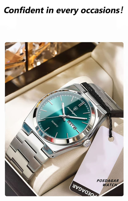 POEDAGAR best-selling waterproof luminous calendar stainless steel quartz wristwatch high-end business fashion trend young Men's watches.