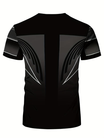 Men'S Slim Fit Breathable T-Shirt with Intricate Black & White Geometric Print - Moisture-Wicking Polyester-Spandex Blend, Machine Washable, Round Neck Short Sleeve for Summer Casual Wear, Gym, Hiking & Outdoor Activities