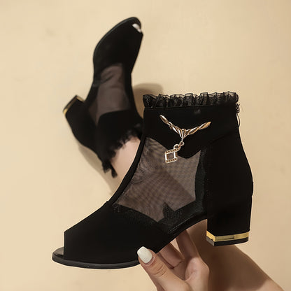 Elegant Black High-Heel Sandals with Mesh Upper - Comfortable Block Heel, Open Toe Design, Stylish Zipper Closure, Perfect for Summer Formal Wear, Formal Footwear|Elegant High Heel|Zipper Closure Sandals