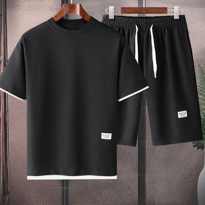 Waffle short-sleeved T-shirt Men's casual sports suit summer loose fake two-piece half-sleeve T-shirt set
