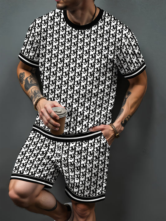 Men'S Summer Sports Round Neck Short-Sleeved Top And Shorts Combination Two-Piece Suit, 3D Print Casual Suit, Street Fashion All-Match Clothing