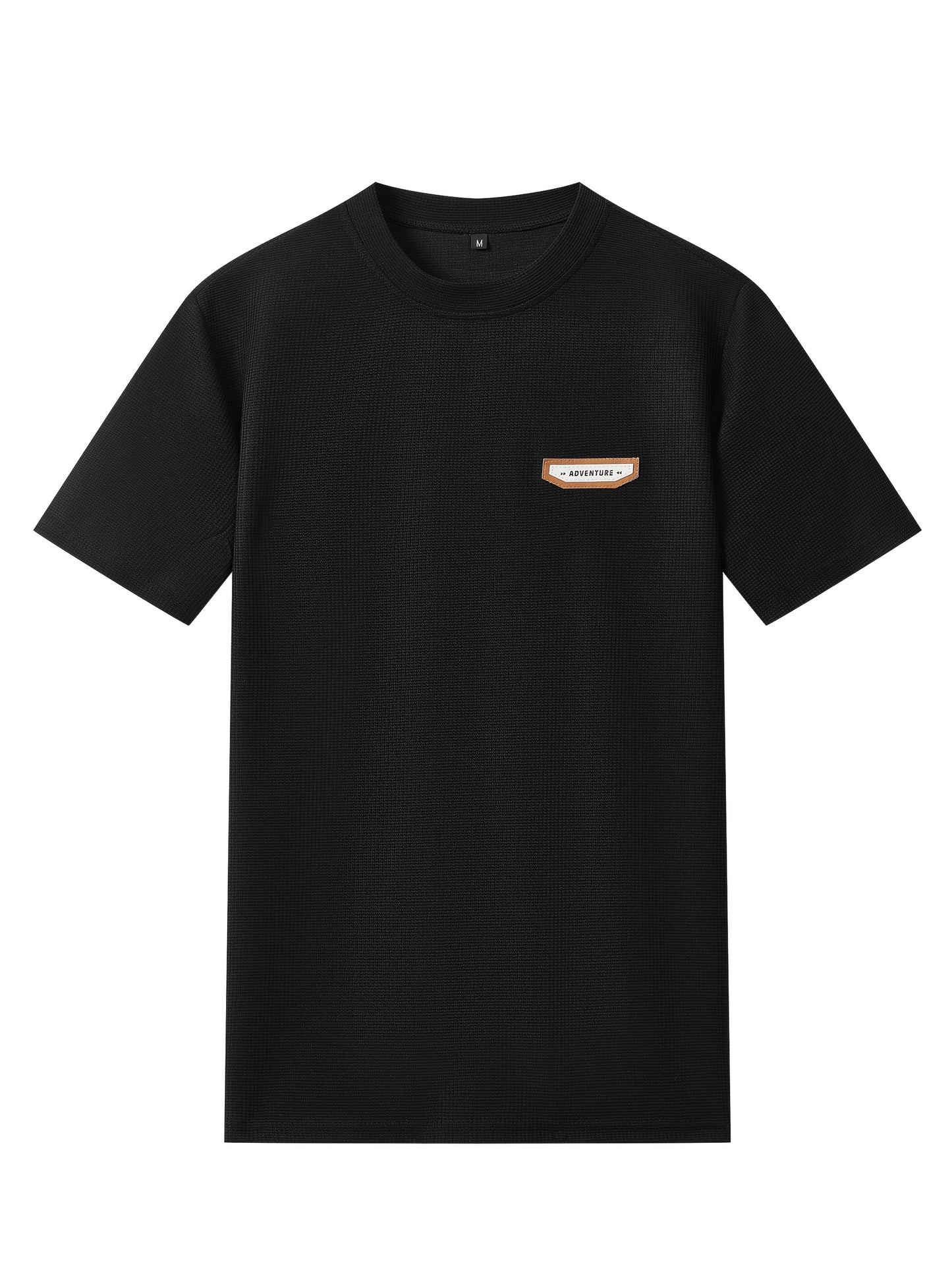 Men's Waffle Round Neck Top with Label, Short Sleeve T-shirt and Drawstring Shorts for Clean and Comfortable Spring/Summer Wear