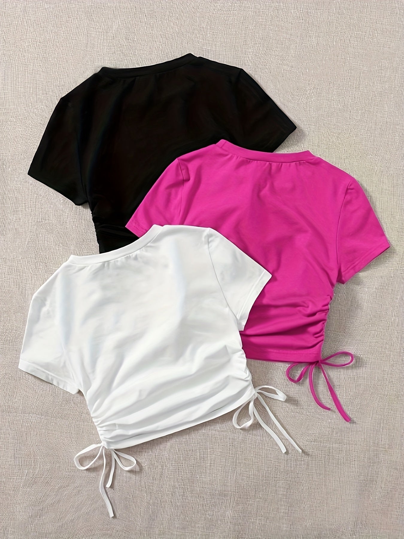 3 Pack Drawstring Crew Neck T-Shirt, Casual Short Sleeve T-Shirt For Spring & Summer, Women's Clothing