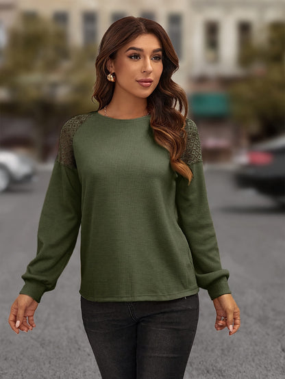 Contrast Lace Crew Neck T-Shirt, Casual Long Sleeve Top For Spring & Fall, Women's Clothing