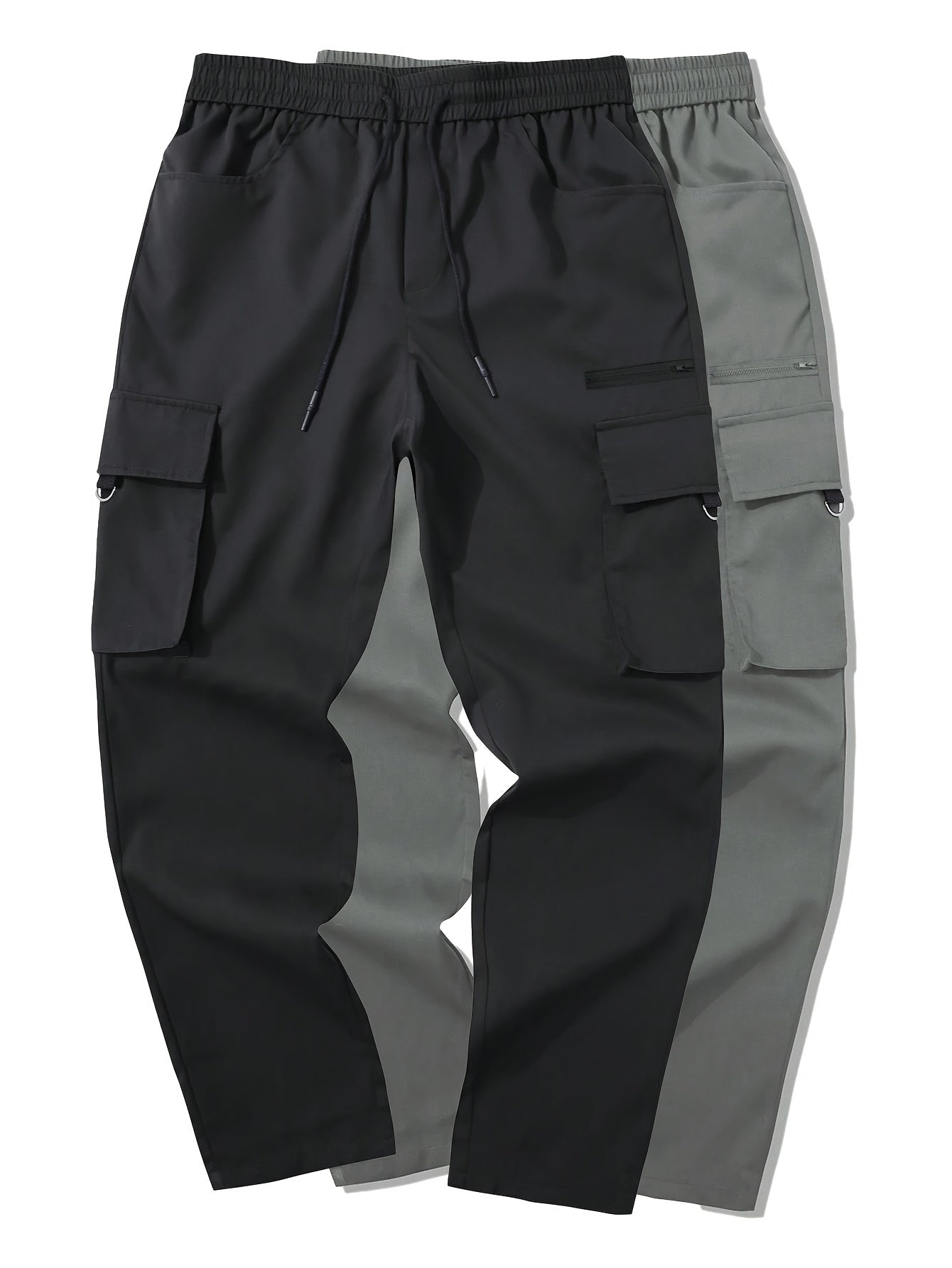 2pcs Men's Cargo Pants, Black & Gray with Drawstring Waist and Multiple Pockets, Durable Polyester, Ideal for Outdoor Activities and Casual Wear, Casual Wear Pants | Multiple Pocket Design | Durable Fabric Pants