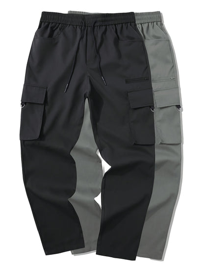 2pcs Men's Cargo Pants, Black & Gray with Drawstring Waist and Multiple Pockets, Durable Polyester, Ideal for Outdoor Activities and Casual Wear, Casual Wear Pants | Multiple Pocket Design | Durable Fabric Pants