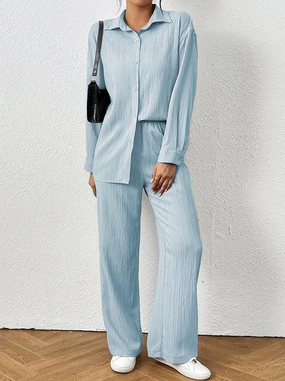 Women'S Casual Solid Color Long Sleeve Shirt + Long Pants 2pcs Set for Spring And Autumn.