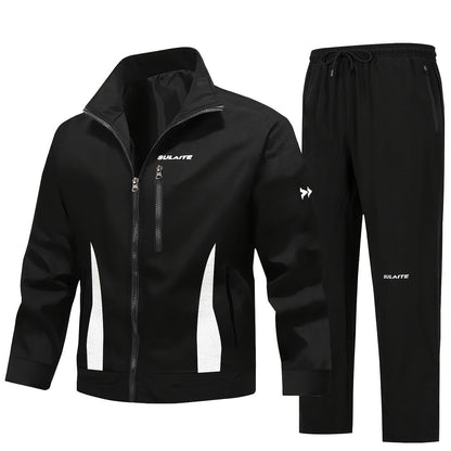 Men'S Casual Sportswear Set - Black Jacket with Zipper Pockets & White Accents, Matching Pants, Perfect for Spring & Fall, Sportswear Outfit|Zippered Jacket|Functional Pockets