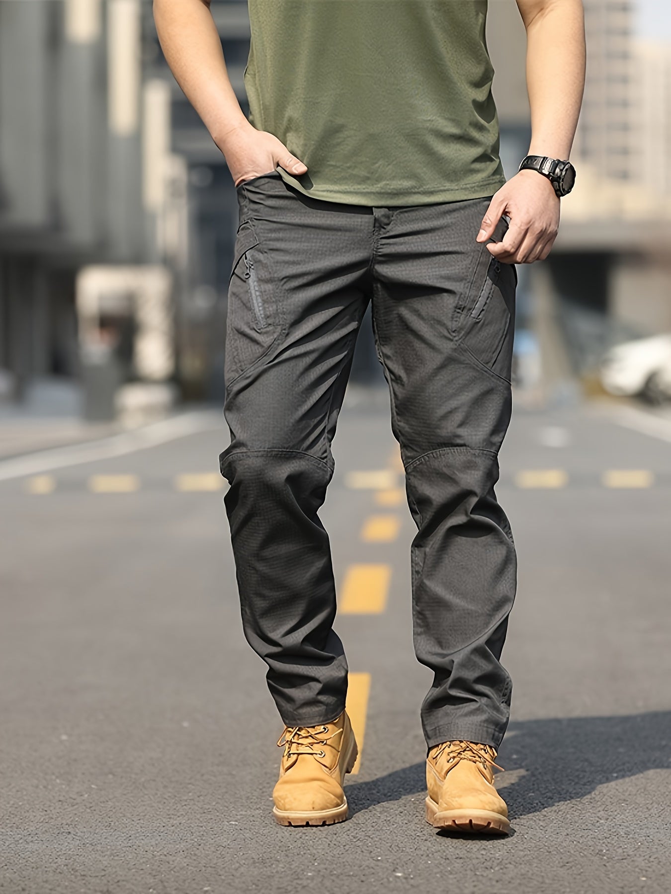 Men's Olive Green Tactical Cargo Pants - Durable Polyester, Multi-Pocket Design for Hiking & Outdoor Adventures, Machine Washable, Camping Gear