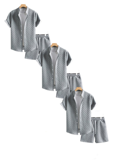 Men'S Casual Summer Short Sleeve Shirt & Shorts Set - Light Blue, Button-Up, Polyester, Perfect for Casual Attire, Parties, and Outdoor Activities, Casual Summer Wear|Short Sleeve Shirt|Polyester Fabri