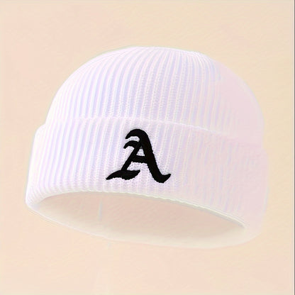 1pc Unisex Classic Brimless Hat With Adjustable Rolled Cuff, Simple Letter Pattern Knitted Hat, Suitable For Winter Daily Wear