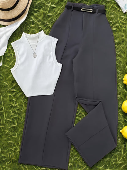 Summer Sexy Half-Turtleneck Sleeveless Vest + Versatile Western Flare Pants Set with Belt