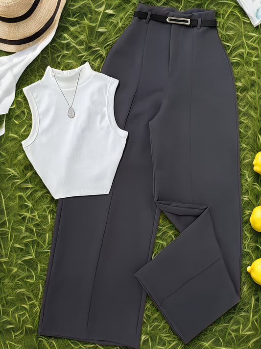 Summer Sexy Half-Turtleneck Sleeveless Vest + Versatile Western Flare Pants Set with Belt