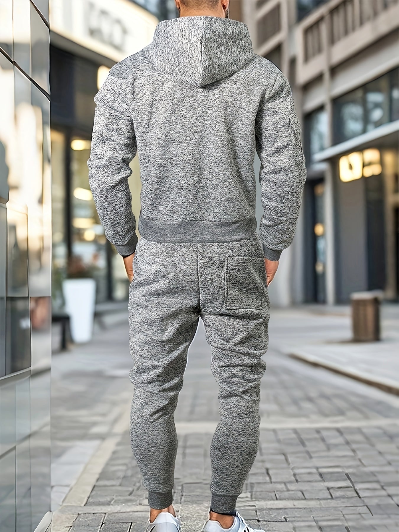 Men's Casual Sports Hoodie and Pants Set with Zipper, Drawstring, Fleece-Lined - Polyester Blend, Machine Washable
