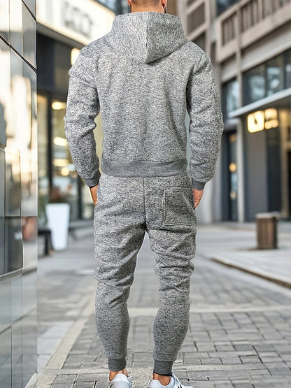 Men's Casual Sports Hoodie and Pants Set with Zipper, Drawstring, Fleece-Lined - Polyester Blend, Machine Washable