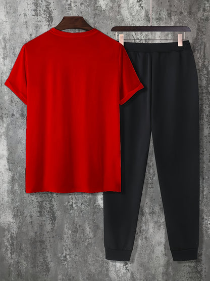 Men's Casual Fashion HNG Letter Print T-Shirt & Drawstring Joggers Set - Polyester Blend, Stretchy, Summer Wear