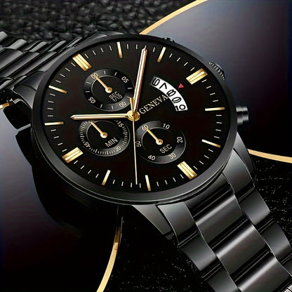2pcs Men'S Quartz Watch Set with Concept Decorative Dial, Fashionable Wristwatch & Bracelet Combo - Shock-Resistant, Analog Display, Alloy & Stainless Steel Bands - Ideal for Birthdays & Holiday Parties, Gift for Men & Studen