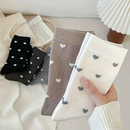 5 Pairs Women'S Heart Print Crew Socks, Polyester and Spandex Blend, Knit Fabric, Short Style, Casual Fashion, Non-Iron, Hand Wash - Black, White, Grey