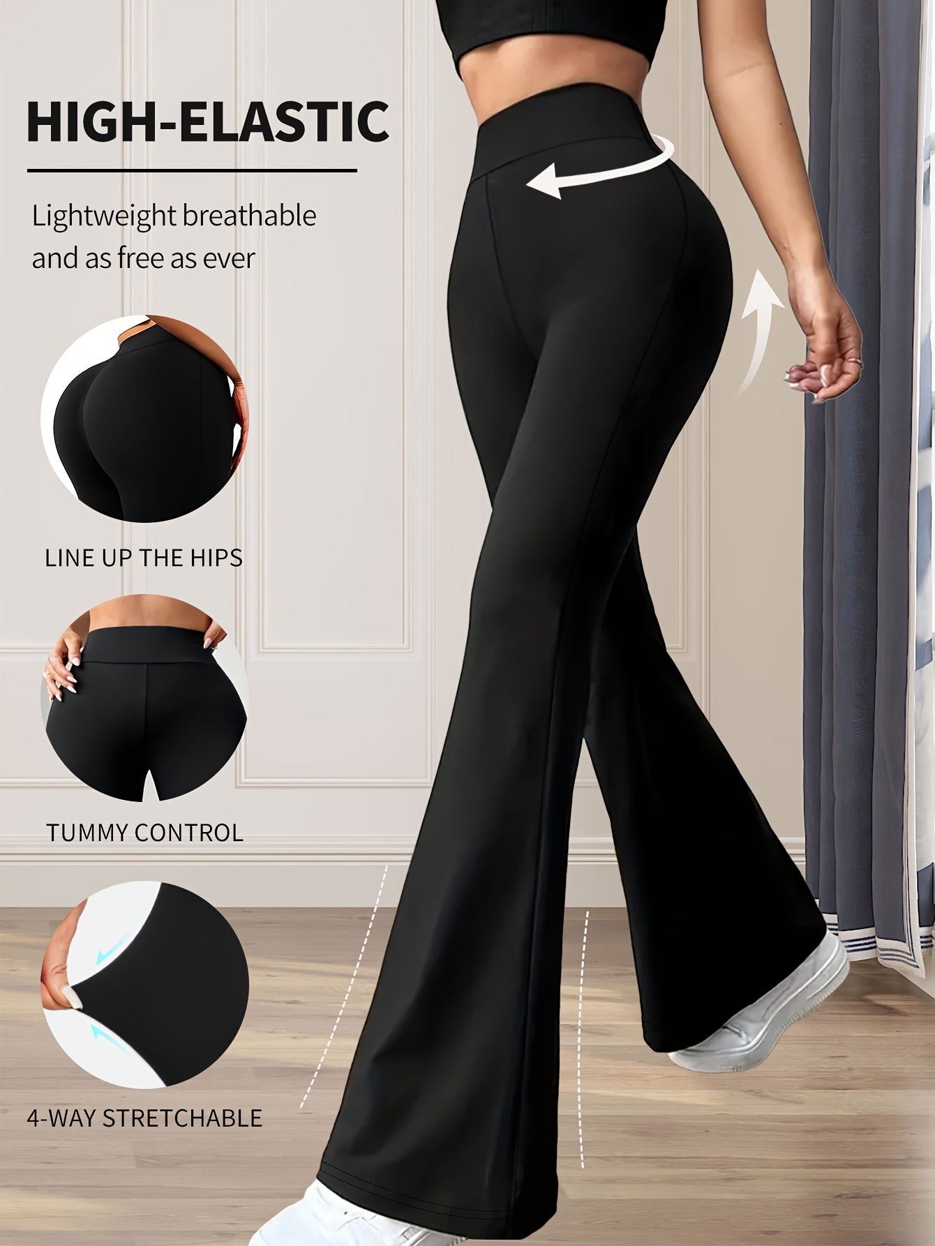 High-Waisted Flared Leggings for Women - Stretchy Black Polyester Pants with Tummy Control, Slimming Fit, and Breathable Design for Spring/Summer/Fall Casual Wear, Spring Summer Leggings | Fitted Leggings | Elastic Waistband