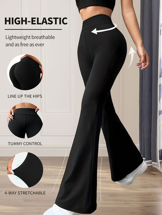 High-Waisted Flared Leggings for Women - Stretchy Black Polyester Pants with Tummy Control, Slimming Fit, and Breathable Design for Spring/Summer/Fall Casual Wear, Spring Summer Leggings | Fitted Leggings | Elastic Waistband